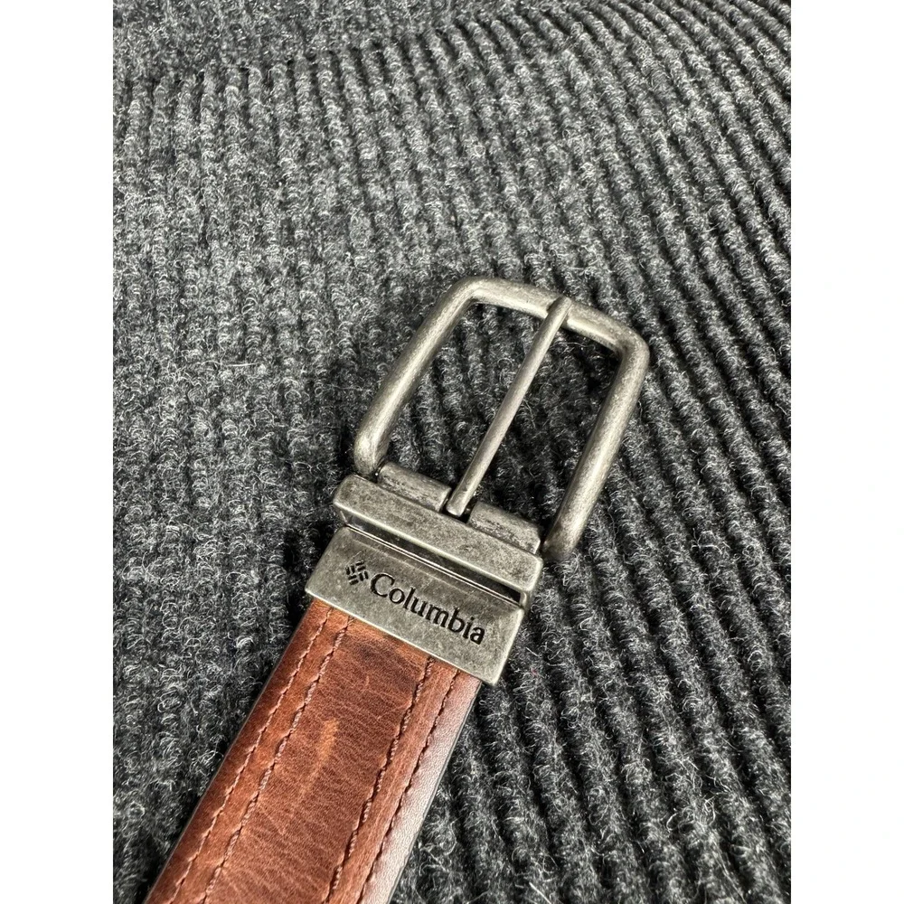 Columbia Men's Leather Belt 44 Brown Double Stitch Casual Rugged Silver Buckle
